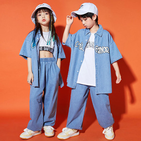 Hip Hop Street Dance costumes for girls boys  Children rapper singers gogo dancers Loose blue Denim Set Boys Girls T-Stage Walk Show performance outfits for kids