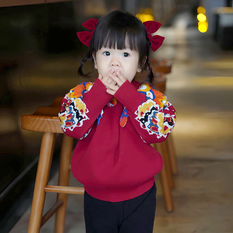 Children's Woolen Sweater Base Layer in Stock, Unisex New Year Clothes, Festive Embroidered Red Sweater with Chinese Style