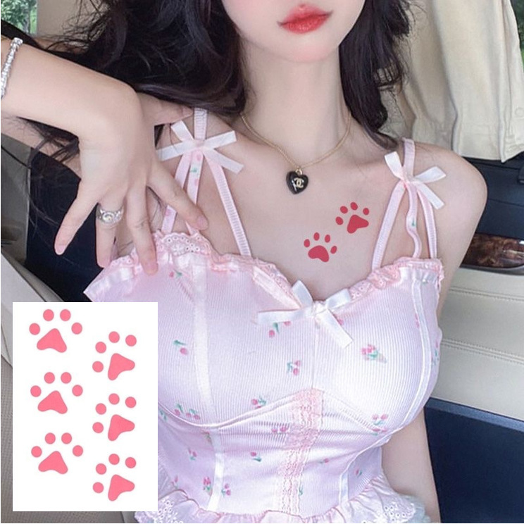 Cute Pink Animal Paw Print Tattoo Sticker Kitten Puppy Ins Style Paw High Color Value Waterproof Long-lasting Realistic