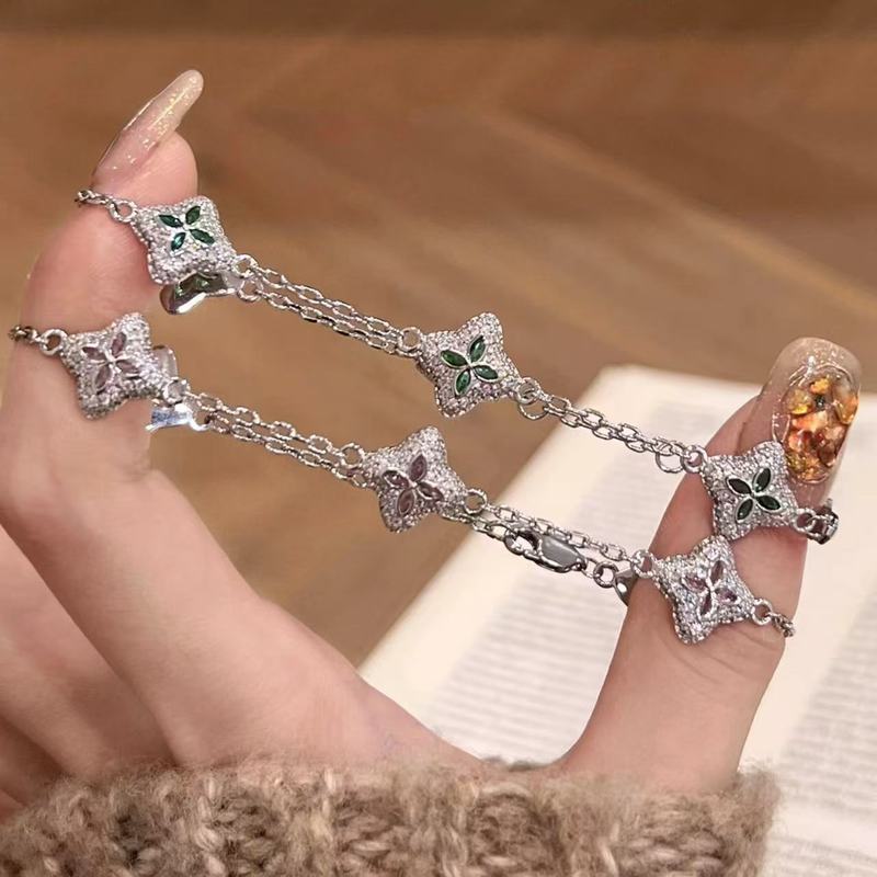 Vintage中古风轻奢千金感绿宝石粉钻四叶草手链高级精致设计手饰|undefined