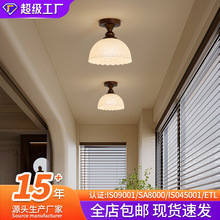 严选复古胡桃木过道灯走廊灯中古风玻璃楼体玄关灯阳台护眼吸顶灯