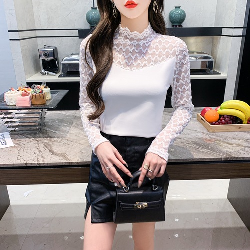 Australian velvet half turtleneck lace bottoming shirt for women in autumn and winter new style foreign style hollow inner with warm long-sleeved top for women to wear outside