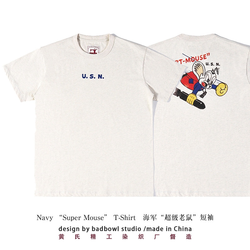 Authentic American retro short-sleeve T-shirt with classic WWII US Navy super mouse cartoon print for men