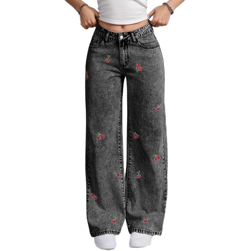 Vintage Washed Slimming Stretch Jeans For Women Smoky Gray Distressed Red Cherry Blossom Embroidered American Style_ecoleips.com