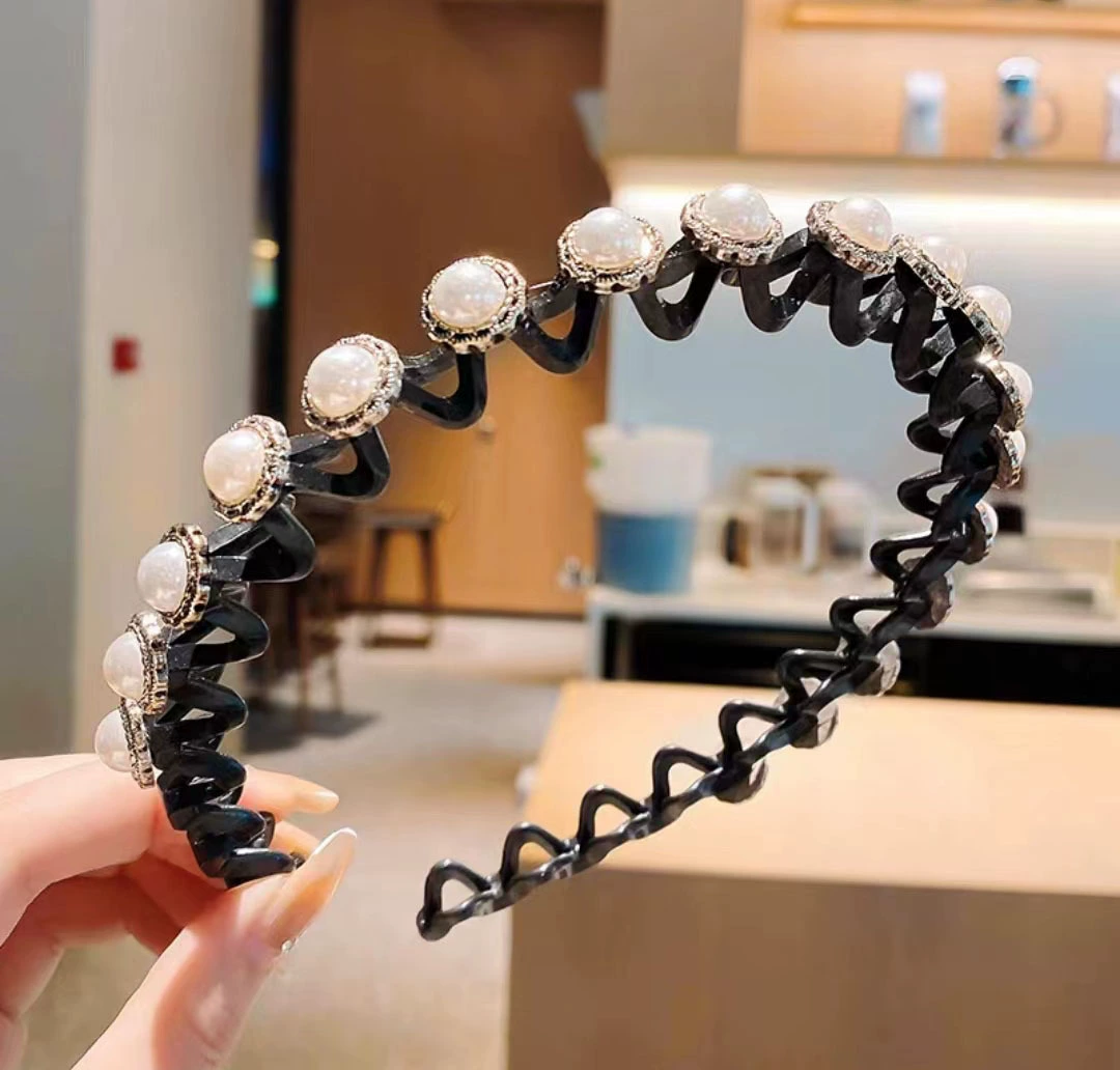 Повязка на голову/Стреп Hairgrip — жемчужная и цветочная волнистая заколка для волос, зажим для чёлки, assorted colors, 12 см