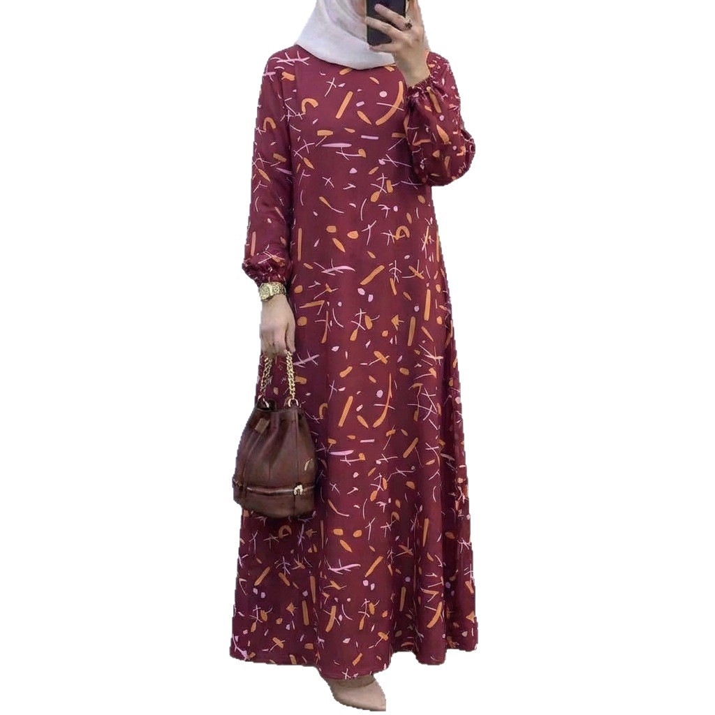 In Stock Cross-Border New Printed Middle Eastern Muslim Malay Full Sleeve Round Neck Robe Long Dress Factory Wholesale_ecoleips.com