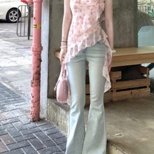 蕾丝拼接少女感微喇弹力牛仔裤女新款浅色高腰显瘦提臀喇叭牛仔裤