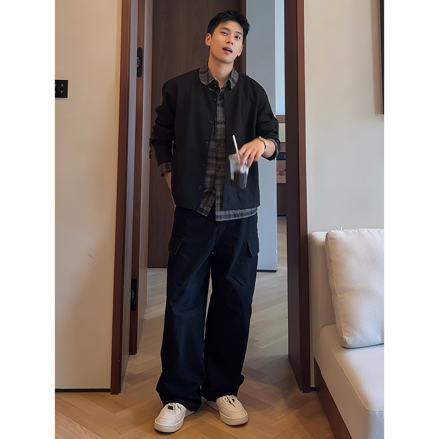 Fake Two-Piece Black Plaid Shirt Collar Sweater Men's Korean Style Early Autumn Sweater Cardigan Jacket