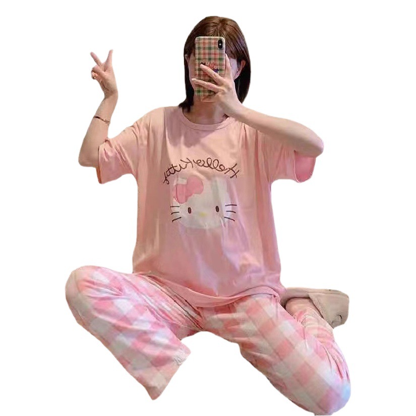 Pijamas de verano de las mujeres pantalones de manga corta traje de dos piezas princesa japonesa lindo kt gato estudiante niña de dibujos animados homewear