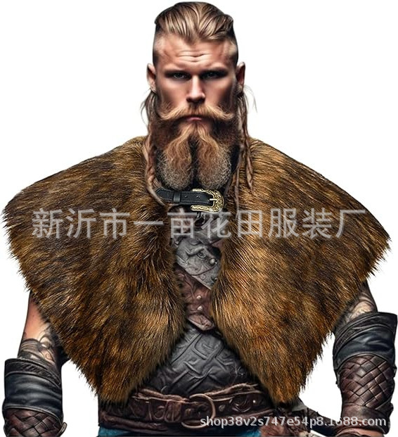 男性式バイキング毛襟マント中世戦士毛皮マントハロウィーンLARP冬コスプレ衣装|undefined