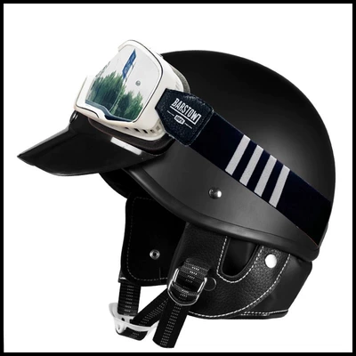 Motosiklet kaskı (dəbilqə) – helmet - matte-black-black-and-white-striped-goggles-s52-53