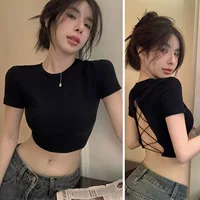 Pure Desire Sweet Hot Girl Сексуальный короткий топ с открытой спиной Женская летняя дизайнерская нишевая футболка с короткими рукавами, подкладкой для груди и ремешком