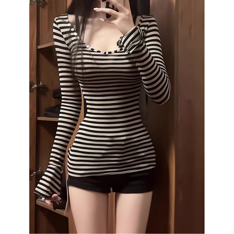 Korean Style Sexy Hot Girl Striped Slim Long-Sleeve T-Shirt for Women, Autumn Petite Waist-Cinching Slimming Inner Top with Pure Desire Design Korean Style Sexy Hot Girl Striped Slim Long-Sleeve T-Shirt for Women, Autumn Petite Waist-Cinching Slimming Inner Top with Pure Desire Design