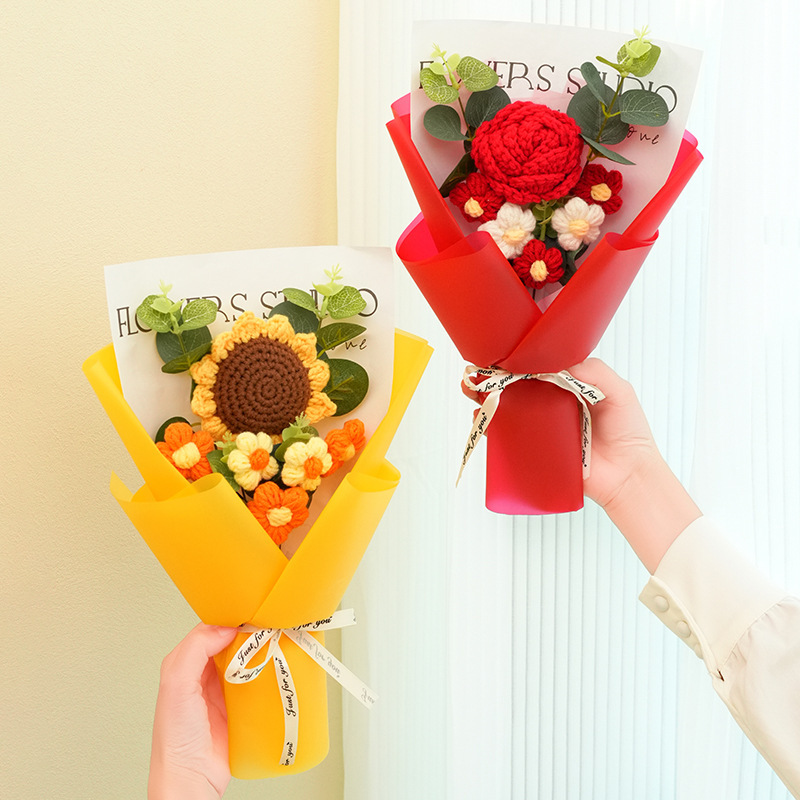Día de la madre transfronterizo Día de San Valentín Ramo de lana tejido a mano Rosa girasol clavel flor eterna