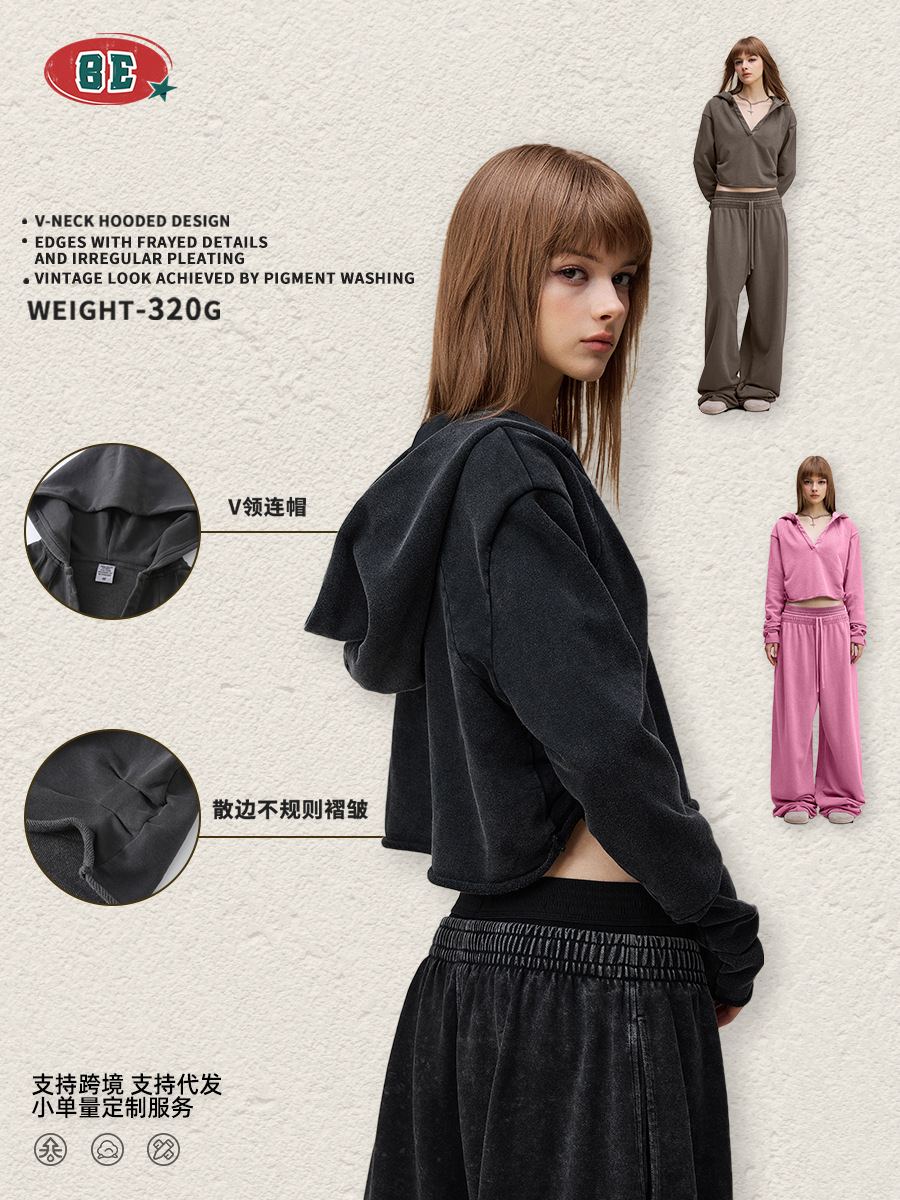 BE ropa de mujer de otoño de 2025 Europa y América vintage hottie chaqueta de cuello en V camiseta doblada corta con capuzas de manga larga chaqueta de mujer image 3
