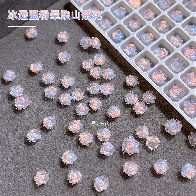 Blue pink gradient rendering ice transparent Camellia new online celebrity rose DIY three-dimensional resin nail accessories wholesale