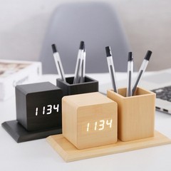 在庫あり シンプルな木製多機能ペン立て付き目覚まし時計 LED音声制御電子木製時計 モダンでシンプルな目覚まし時計