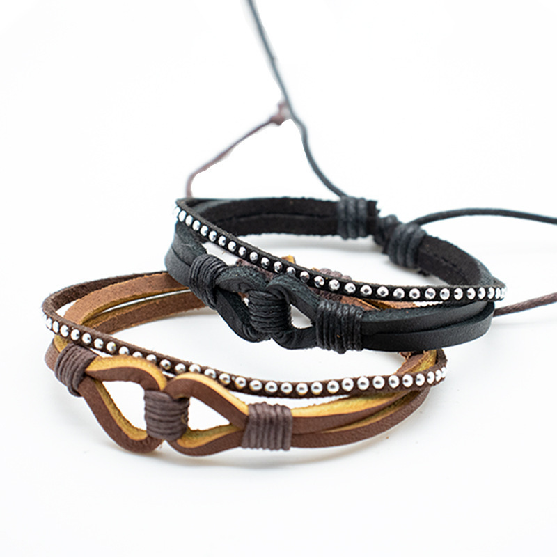 Retro Diamond-Encrusted Knotted Leather Bracelet, European and American Punk Style Rhinestone Leather Bracelet, Adjustable Couple's Leather Bracelet
