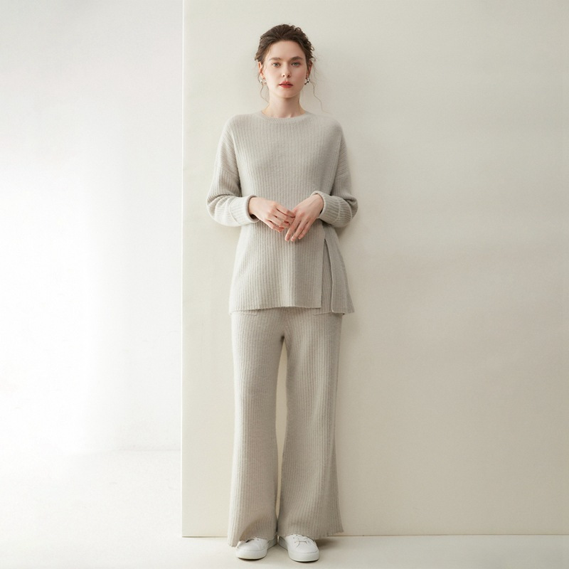 New Stylish Korean-Style Lazy Style Cashmere Sweater Versatile Casual Set Knitted Sweater Wide-Leg Pants Women's Two-Piece Set