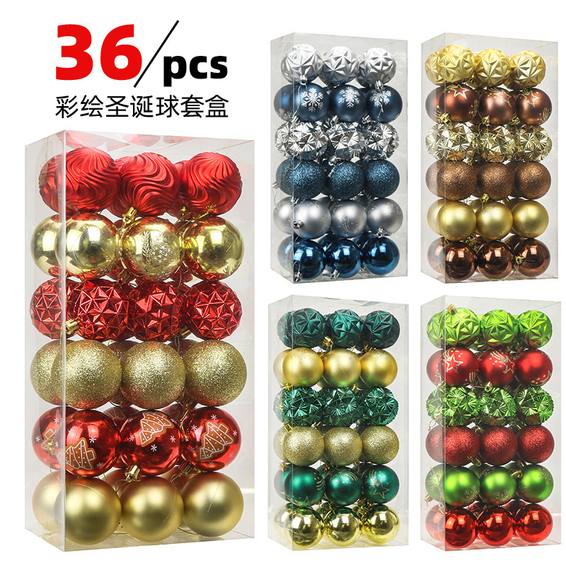 Cross-Border New Model 6Cm/36-Piece Christmas Ball Set, Painted Christmas Balls Gift Box, Christmas Colorful Balls, Christmas Tree Decoration Balls
