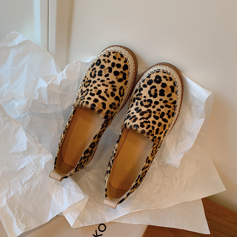 Genuine Leather Horsehair Retro Hemp Rope Flats Casual Fisherman Shoes Women's Leopard Print Inner Heightening Loafers Color Matching Lazy Shoes