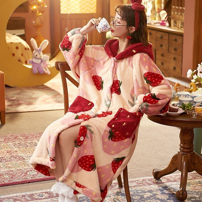 大草莓睡衣睡袍女秋冬季珊瑚绒加绒加厚可爱卡通睡袍长款套装外穿|undefined