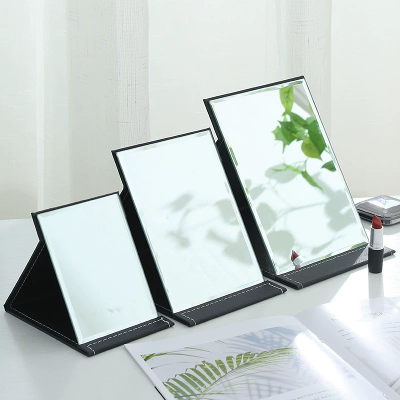 Folding Handheld Table Mirror, PU/Polyurethane Cover, Compact Adjustable Stand, 4 Sizes