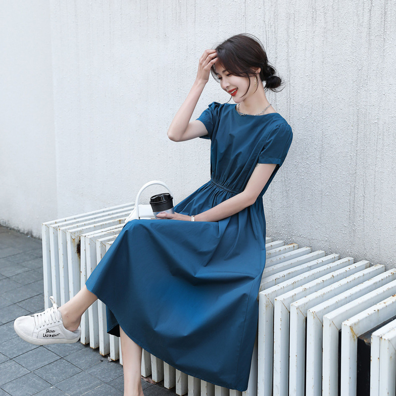Women's 2021 summer new Korean version of the waist slimming light dress summer solid dress long dress