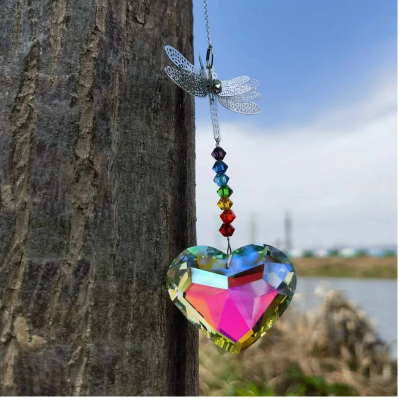 Amazon fuente libélula adornos melocotón corazón bola de cristal jardín decoración Rainbow Maker Sun Catcher