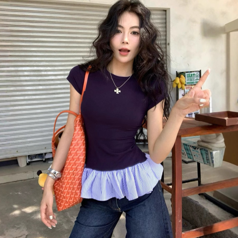 Ins Sexy Right Shoulder Round Neck Splicing Lace Hem Short-Sleeved T-Shirt Women's Summer Cross-Border Slim Bottoming Top Women's T-Shirt
