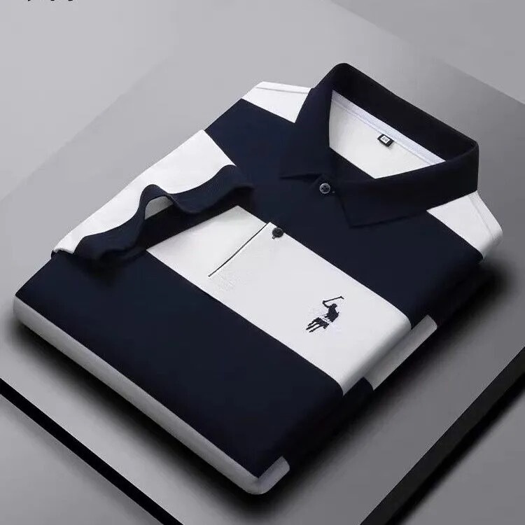 New Summer Short-Sleeved Lapel T-Shirt Men's Stripesd Contrasting Simple Embroidered Polo Shirt Versatile Casual Top Trendy