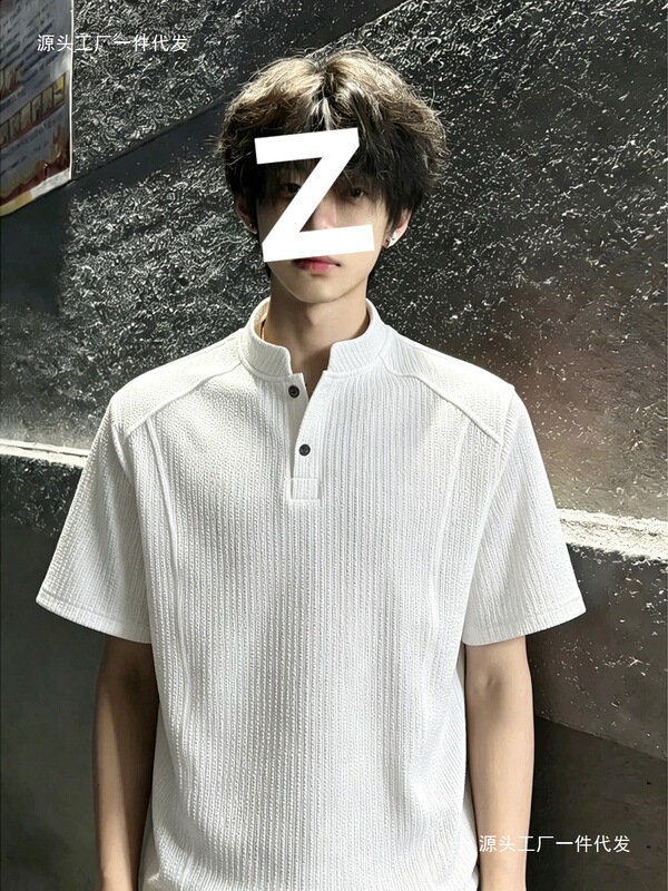 Henley collar short-sleeve men's polo shirt, summer textured ice silk t-shirt, high-end cleanfit, regular shoulder half-sleeve
