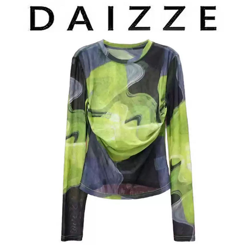Designed Tie-Dye Ice Silk Painting Mesh Long-Sleeved T-Shirt for Women Spring & Fall New Contrasting Color Sun Protection Blouse Top Designed Tie-Dye Ice Silk Painting Mesh Long-Sleeved T-Shirt for Women Spring & Fall New Contrasting Color Sun Protection Blouse Top