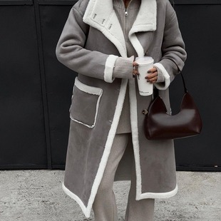2023 Amazon European and American cross-border autumn and winter New patch bag gray and white color matching coat lapel one-piece woolen coat for women