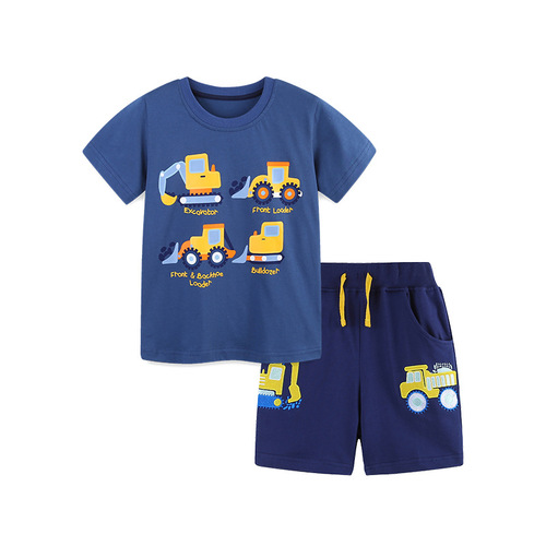 AostaBetty Boys' Set Western Style Car Print Children's Short Sleeve Set Knit Cotton Shorts Children's Set