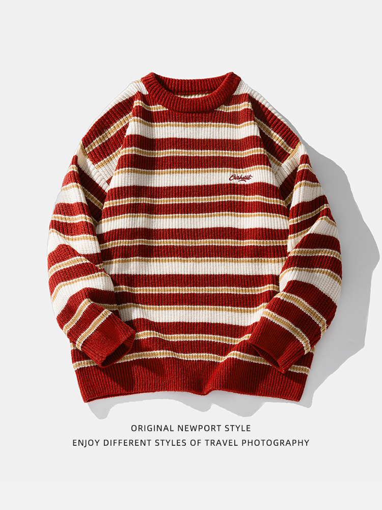 Suéter de punto grueso pesado a rayas para hombres 2024 otoño e invierno nueva pareja retro contraste color chaqueta de suéter de cuello redondo japonés