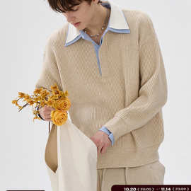 2025秋冬季新款男装高级感拼色假三件反领毛衣保暖休闲内搭上衣潮