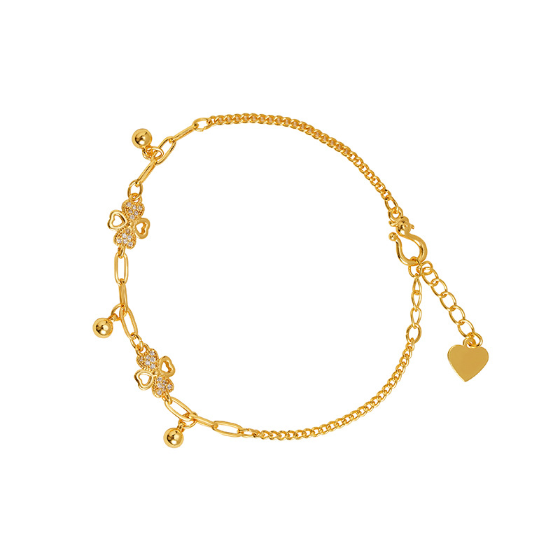 Brazalete de oro de arena vietnamita de lujo ligero con diamantes huecos de cuatro hojas de flores con bolas de rosca brazalete de nicho femenino de alta calidad joyas de mano