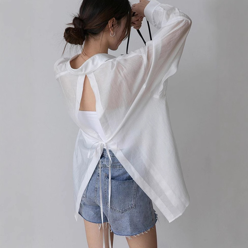 All-match Shirt Women's Thin Summer New Design Sense Niche Backless Strap Micro-transparent Sunscreen Shirt Lazy Style Shirt