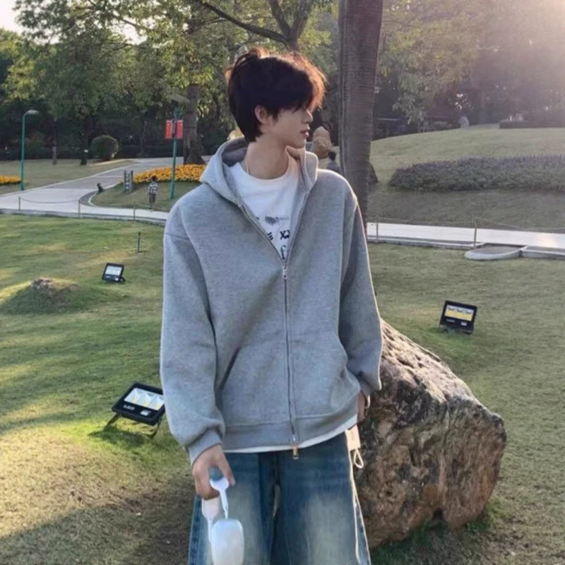 2026 Autumn Vintage Light Gray Cardigan Hooded Sweatshirt Jacket for Men and Women, Loose Basic Versatile Casual Hoodie Top 2026 Autumn Vintage Light Gray Cardigan Hooded Sweatshirt Jacket for Men and Women, Loose Basic Versatile Casual Hoodie Top
