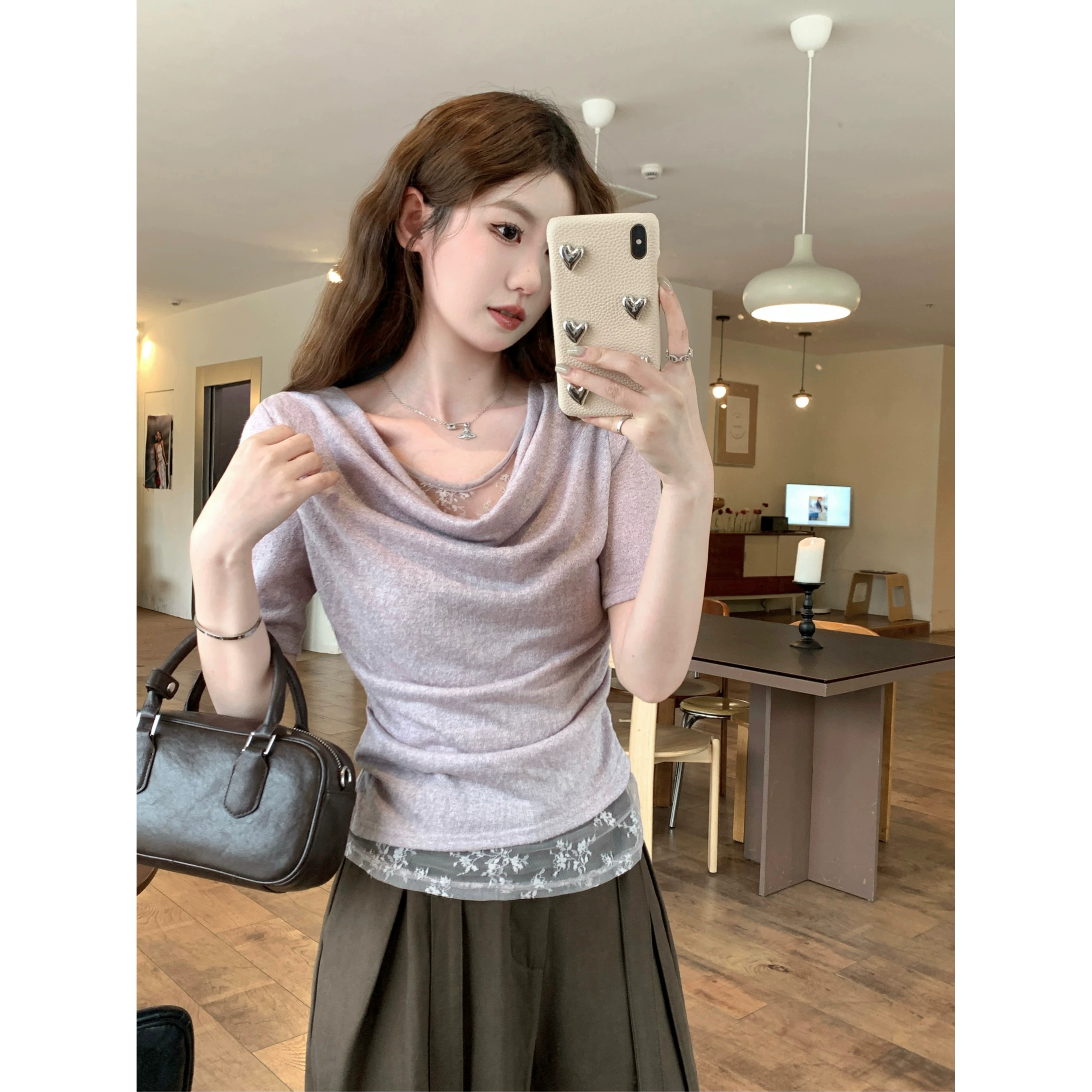 Чисто фальшивые две футболки с воротником и кружевным сращением с короткими рукавами женская летняя фиолетовая талия тонкая и тонкая рубашка с положительным плечом