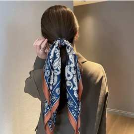 丝巾女复古百搭腰果花仿真丝发带春秋季薄款领巾扎头发绑包小方巾