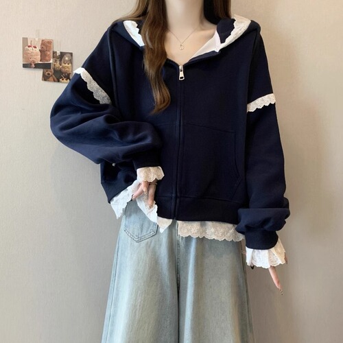 【Original Craftsmanship】Hooded Sweatshirt Cardigan Jacket for Women Autumn Plus Size for Chubby Mm Slimming High-End Lace Flower Edge