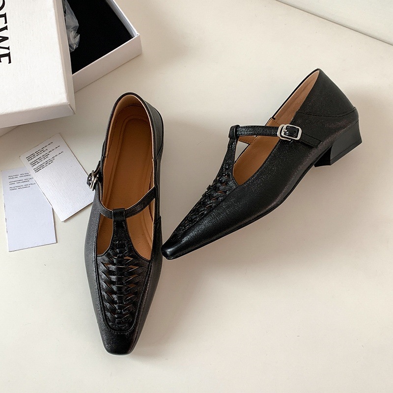 Giày Mary Jane nữ đan T-Strap da thật mũi vuông đế bệt — màu đen, bạc chi tiết 94