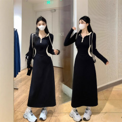 大码女装长袖梨形身材连衣裙女2025新款裙子胖mm遮肚显瘦黑色长裙