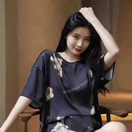 夏季薄款丝绸印花短袖短裤圆领睡衣女套装冰丝韩版套头家居服