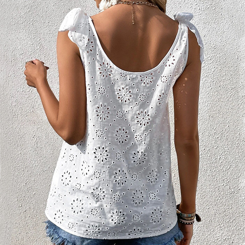 Spot Amazon Women's Tops with Holes and Embroidered Cut Out V Neck Shoulder Strappy Vest 2023 New Sleeveless Shirt