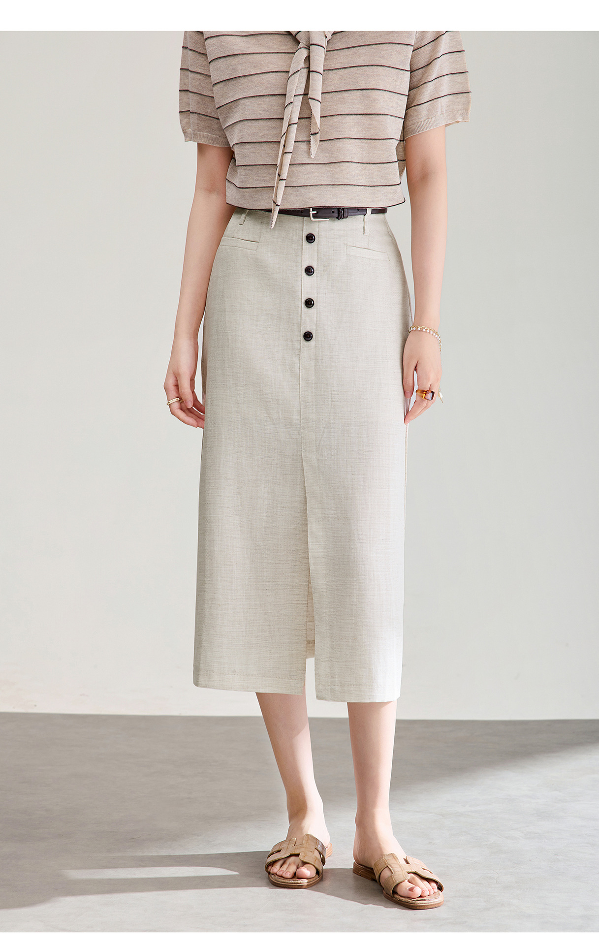 Chân váy xếp ly nữ xòe chất liệu tencel linen thoáng mát — Màu gai dầu thô chi tiết 16