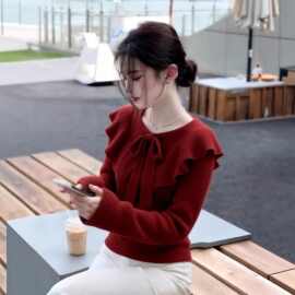 仅用于产品展示勿拍-法式新年红色娃娃领软糯毛衣女2026春季胖MM