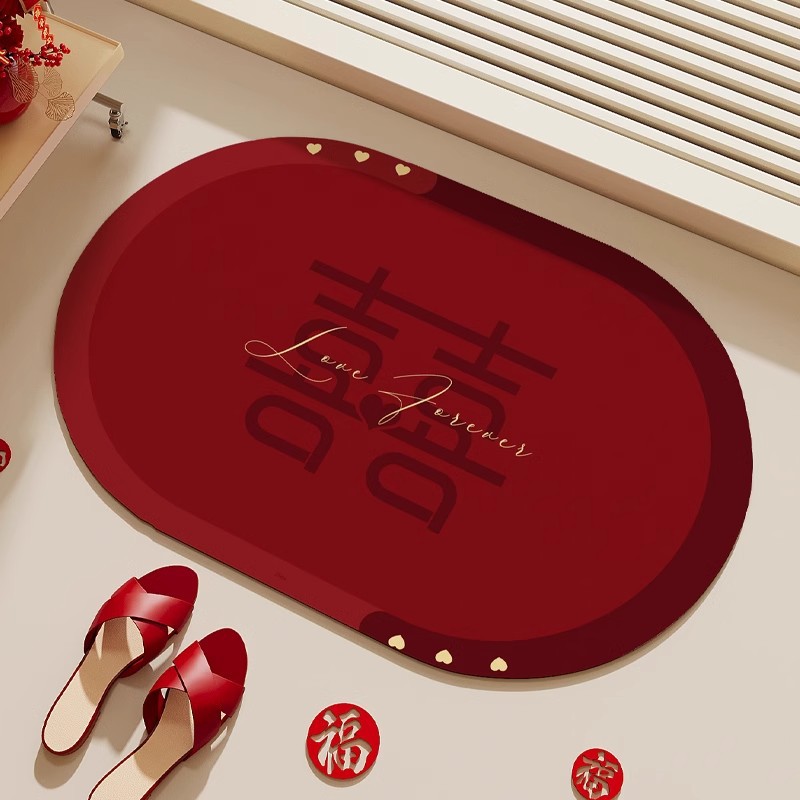 Red festive bathroom floor mat wedding absorbent quick-drying diatom mud floor mat wedding room decoration non-slip mat in stock wholesale